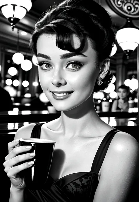 photograph of a 20-year-old woman who looks like audrey hepburn: short dark hair, big expressive eyes and an elegant smile, drin...