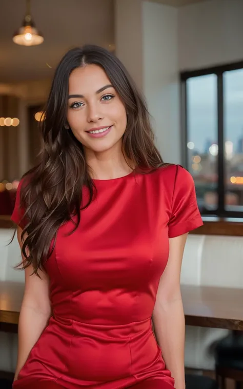 very happy smiling, beautiful brunette smiling wearing a red dress in a restaurant, (London in the background, very detailed, 40 years, innocent face, long hair, natural wavy, blue eyes, high resolution, masterpiece, best quality, intricate details, highly...