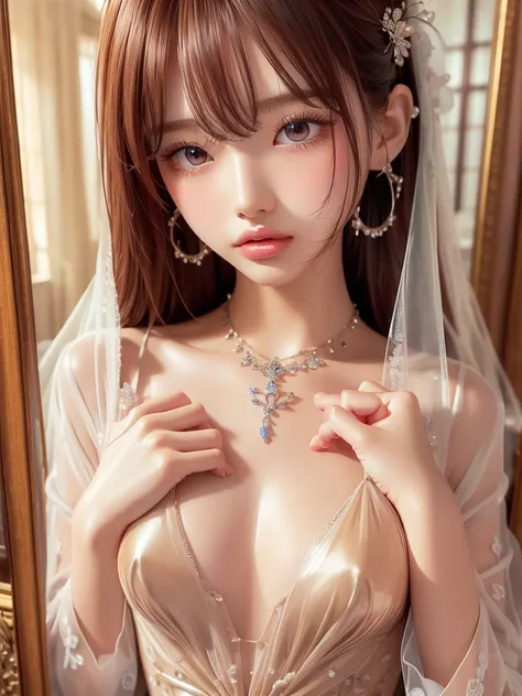 ((Highest quality)),(Ultra-high resolution),(Very detailed),(Detailed Description),((The best CG)),(masterpiece),Highly detailed art、Small breasts、(((See-through dress 1.5)))、hair ornaments、Tie your hair、Sparkly necklace、Ultimate Beauty 1.5、(((Cover your c...