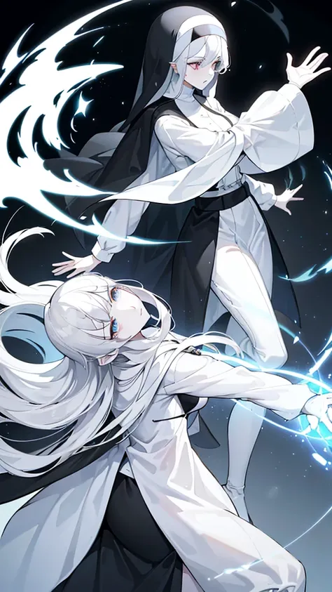 Character (mature) (hair bangs) (white long hair) (white pale skin) (black nun-style clothing) (character in dynamic pose) (perspective angle taken) (casting spell) (ethereal background)