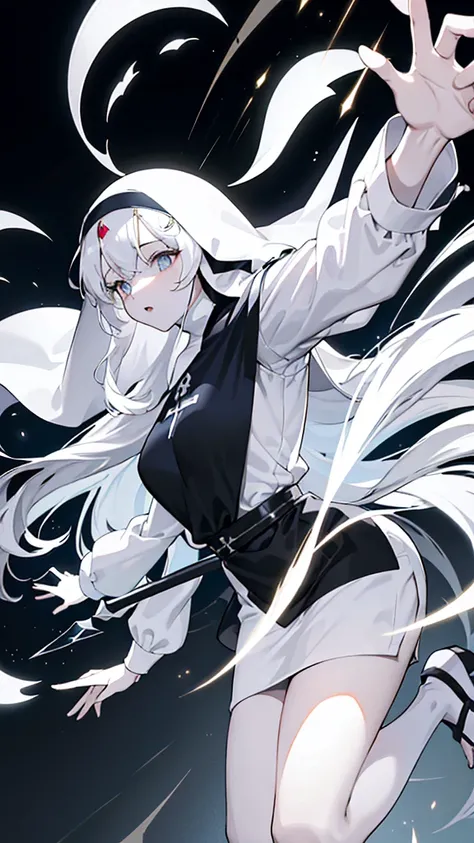 Character (mature) (hair bangs) (white long hair) (white pale skin) (black nun-style clothing) (character in dynamic pose) (perspective angle taken) (casting spell) (ethereal background)