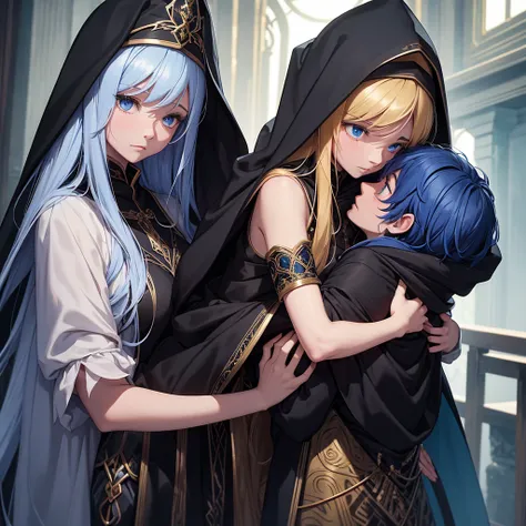 The elf man with a black cloak and golden embroidery is hugging a girl with a black cloak and blue embroidery tightly, and the girl is worried and looking at the face of the elf man.