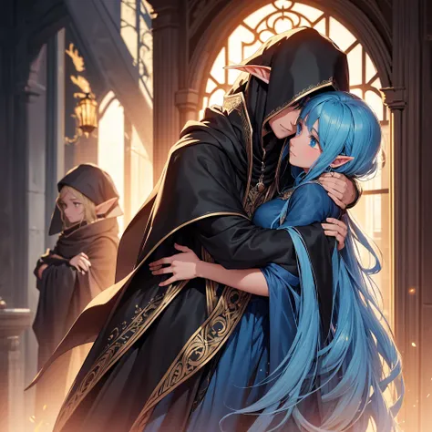 The elf man with a black cloak and golden embroidery is hugging a girl with a black cloak and blue embroidery tightly, and the girl is worried and looking at the face of the elf man.