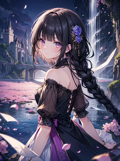 (masterpiece),(top-quality),(ultra-detailliert),hight resolution,in 8K animation,1girl,black hair,single braid,(round eyes),blunt bangs,[violet eyes:(gold eyes):0.55],looking back, floating Petals, The detailed castle, dreamcore,waterfall,(beautifull detai...