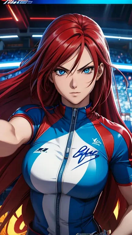 "Cinema poster style in 3D CG anime, ultra-realistic and super detailed, featuring a beautiful red-haired, blue-eyed athletic woman in an adventure outfit with a deep neckline, emphasizing her lovely breasts, in an exciting action pose, punching and shatte...