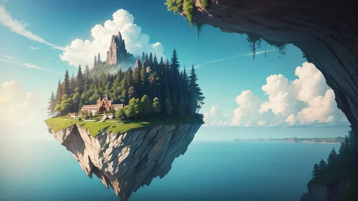 a close up of a tree on a cliff with a sky background, flying island in the sky, floating and flying island, an island floating in the air, floating island in the sky, flying island, floating mountains, island floating in the sky, anime nature, amazing wal...