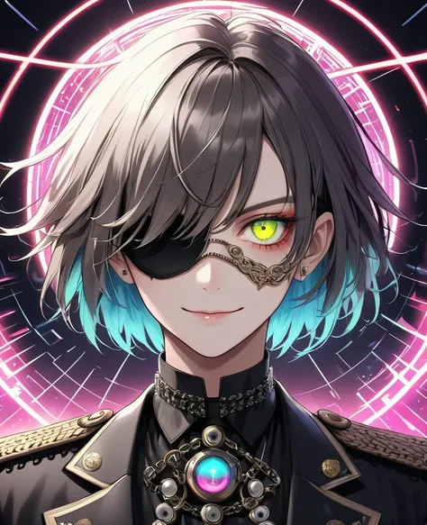 (Digital Illustration，Detailed anime style，Heavy Metal Cyberpunk，Pearl tassel eye mask，Portrait of short-haired boy wearing mask eye patch，Solitary，symmetry)，(Big colorful eyes，Fashionable and exquisite facial features，Exquisite makeup，Smooth skin，Smile，So...