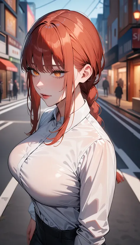 1girl,solo,makima (chainsaw man), chainsaw man,super detailed skin,shiny skin,seductive look ,eyelashes,lips gloss,red hair,sidelocks,a braid, large breasts,white Formal shirt,black pants,street,park,walking,masterpiece,best quality,ultra detailed,high res...