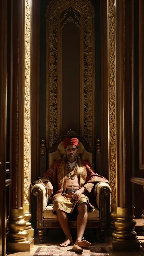 
"King Akbar of ancient India, seated on an ornate throne in a grand Mughal palace. He is dressed in regal, richly embroidered robes and adorned with precious jewels and a majestic turban. The throne room is decorated with intricate Persian carpets, elegan...