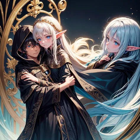 The elf man with a black cloak and golden embroidery is hugging a girl with a black cloak and blue embroidery tightly, and the girl is worried and looking at the face of the elf man.