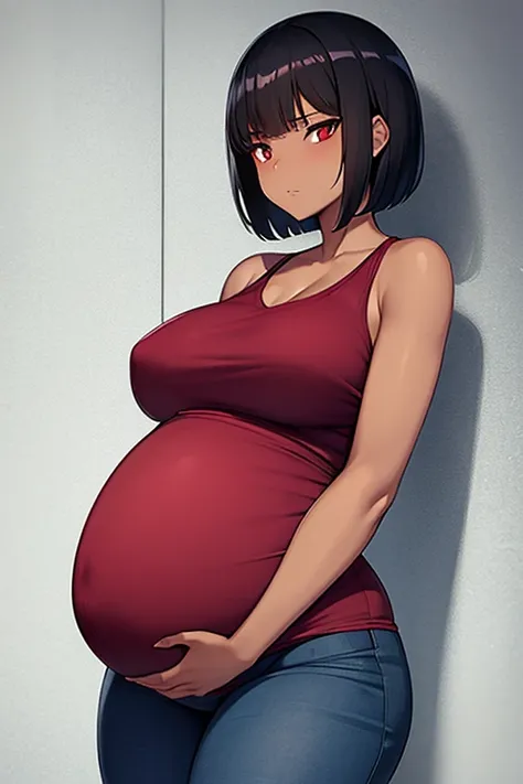 (Pregnant woman) (Dark Skins Woman) (maternity wear) (Extra short Hair) (Black Hair) (Dark skin) (Red Eyes) (9 meses de embarazo)