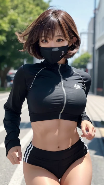 Japanese cute 25 year old woman , dark eyeliner、tanned skin 、brown hair、gold mesh hair、short hair、black track and field uniform、wearing a black mask、sweating、Running at dawn、Show abs、(Ultra-high resolution, 8k RAW photo, Ultra-realistic, Fabric Shading), O...