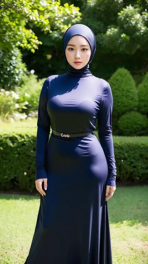 (masutepiece,High quality,16k:1.1),(depth of fields:1.3) ,((front body:1.35)),  malay hijab ,young Girl,standard height,  Long Sleeve round neck T-shirt Maxi (((Tight))) Dress, huge breasts, thicc, curvy,(Looking at Viewer:1.3),(full body shot:1.2),