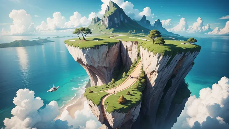 a close up of a tree on a cliff with a sky background, flying island in the sky, floating and flying island, an island floating in the air, floating island in the sky, flying island, floating mountains, island floating in the sky, anime nature, amazing wal...