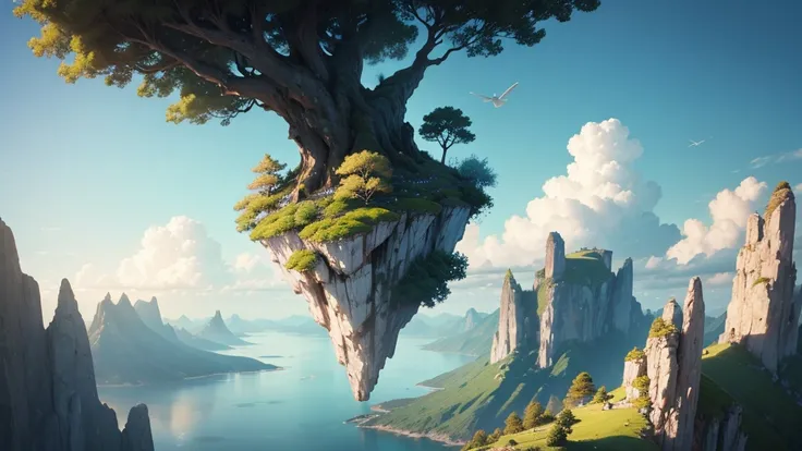 a close up of a tree on a cliff with a sky background, flying island in the sky, floating and flying island, an island floating in the air, floating island in the sky, flying island, floating mountains, island floating in the sky, anime nature, amazing wal...