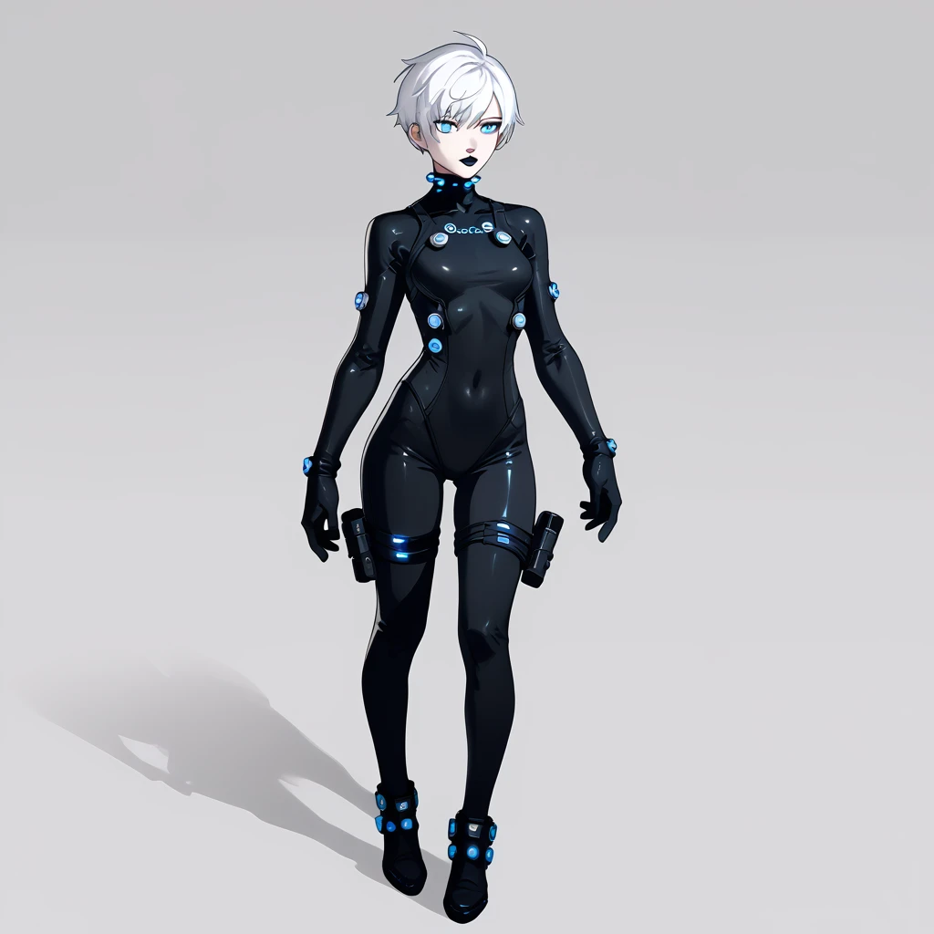 1 girl, blue eyes, very Short hair, black lipstick, white hair, female , tomboy Pixie haircut, gantz latex suit, Pixie haircut, shaven head, white hair, white hair,full body,