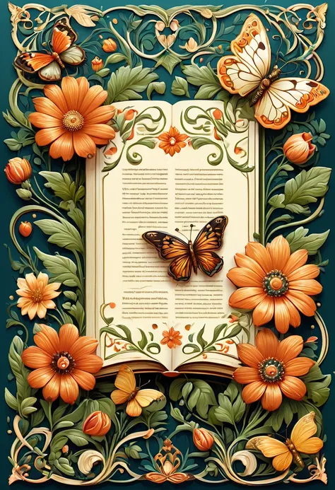 illustration of a book with a floral border, vector art by Maksimilijan Vanka, behance contest winner, art nouveau,cakes, illustrated in whimsical style, harmony of , butterflies and worms, flowers illustrated, adobe illustrator art, fabulous illustrations...