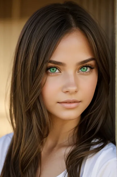 A girl with green eyes that are not very striking and with brown hair that is not very light and skin that is neither very dark nor very white.