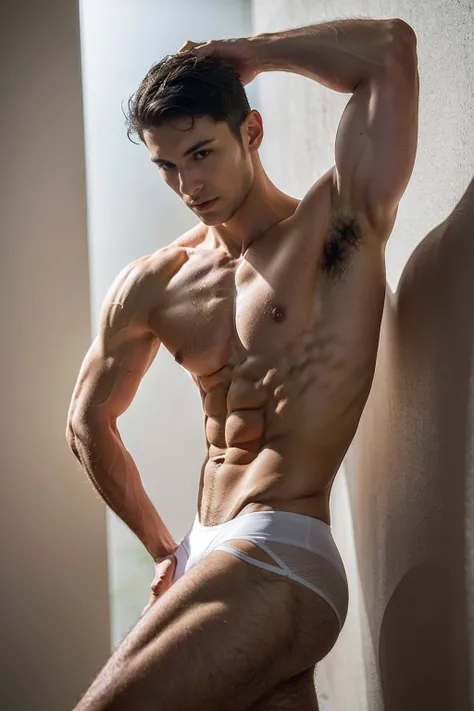 Masterpiece, Best quality, Solo,European Man,white wall background, skinny boy body, muscle body,sport body, big muscle, Handsome face,Black Hair Color,Natural eyes, athletic physique, slender, no body hair, He was wearing tight White Calvin Klein underwea...