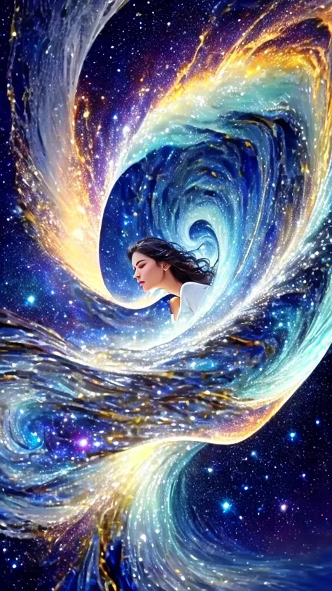 Close-up of a painting of a person on a surfboard, swirling flows of energy, Swirling Water Cosmos, beautiful cosmic neural network, Cosmic Energy Wire, star々A universe made of, Channeling the swirling energy, The Birth of the Universe, star雲の渦, swirling m...