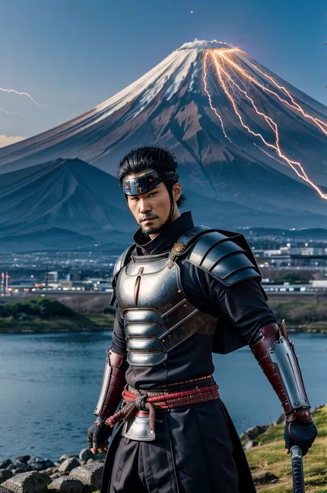 Japan: A stoic superhero clad in a high-tech samurai armor, wielding a katana that crackles with electricity. Mount Fuji can be seen in the background.