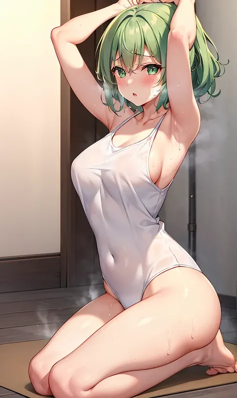 Girl with short green hair, The chest is medium, Green Eyes, 、(tits),Full body photo from head to toe,、cloth、(Clear Face)(Best Quality, High resolution, Super detailed),, (Vivid and colorful, The chest is clearly in focus),(Soft Breasts:1.2、,、、Exposed ches...