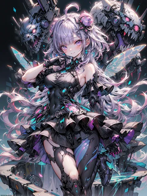 Best image quality、(((Ezvian Everywhere))),Character Portrait、Great style、Laugh hard、Beautiful legs、Leather shoes、Dynamic pose、, young、Gothic Lolita, (((Light purple hair))), Purple eyes, (mascara), Blunt bangs, ((Hair above the eyes)), Long Hair, Pink mix...