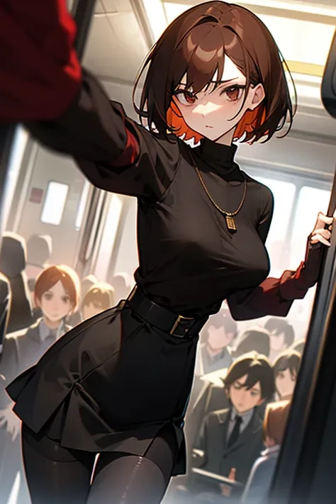 Reddish brown short length hair、Black high neck waffle knit top、Flared sleeves、Tight Skirt、Black Stockings、necklace、tits、slender、In a crowded train、Messed up、slender