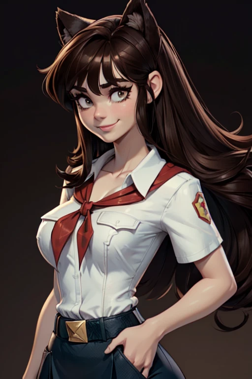 (young girl:1.4), very young slim fit girl, at full height, rounded face, snub nose, (very long disheveled dark brown hair:1.4), big brown eyes, shy smile, (perfect flat breast:1.3), band on head with fake cat ears, parororo, pioneer neckerchief, blue thig...