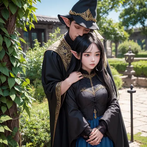 The elf man with a black cloak and golden embroidery is hugging a girl with a black cloak and blue embroidery tightly, and the girl is worried and looking at the face of the elf man.