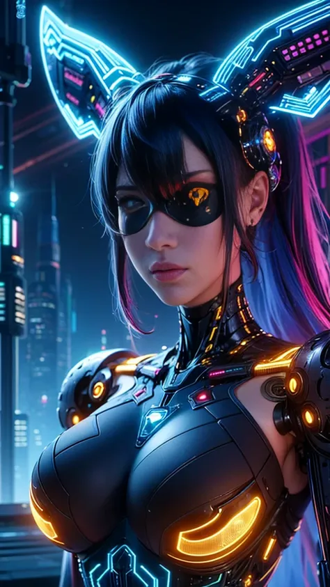 top quality, future world, State-of-the-art robot, Beautiful Woman, flying hair, Transformed into a cyborg except for the face,  Transformed into a cyborg except for the shoulder, sexy images, whole body photo, ((eye patch over two eyes))