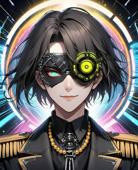 (Digital Illustration，Detailed anime style，Heavy Metal Cyberpunk，Pearl tassel eye mask，Portrait of short-haired boy wearing mask eye patch，Solitary，symmetry)，(Big colorful eyes，Fashionable and exquisite facial features，Exquisite makeup，Smooth skin，Smile，So...