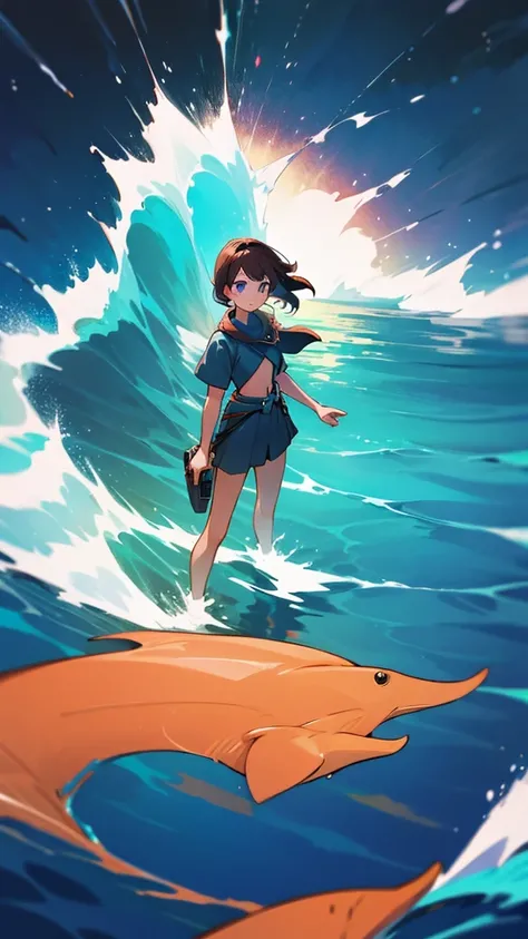 A girl stands in the sea in half a turn 