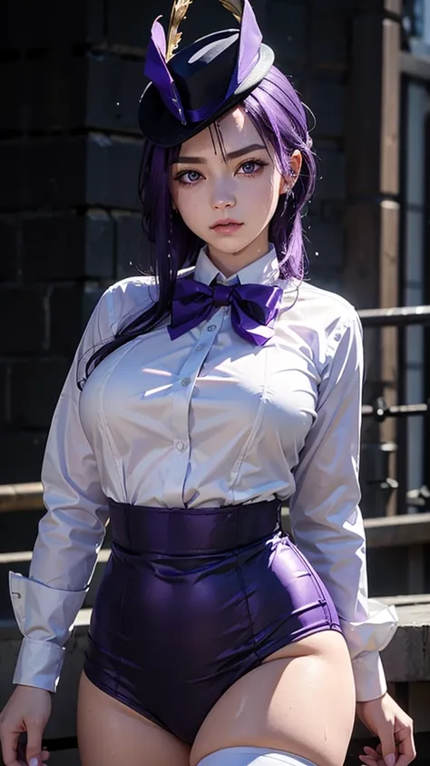 1 girl, chlorinde, genshin impact, dark purple hair, pruple eyes, white shirt, purple hat with black stripes, purple bow tie, big breasts, wet cloths