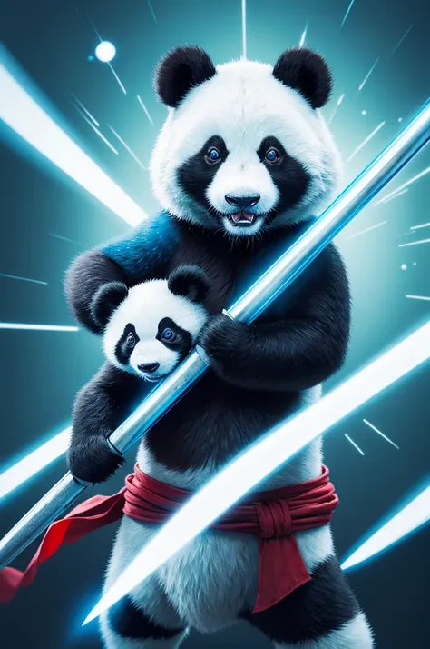 Warrior panda with two swords in hands, a sword in your hand. Fundo escuro com estrelas.

Espadas com eletricidade, azul e vermelha.

Olhos do panda vermelho