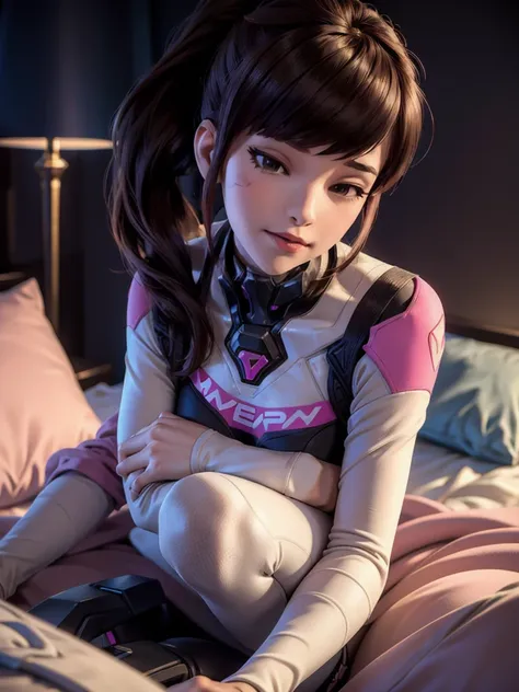 ((dva from overwatch)) without her mech, a woman with short brown hair in a (ponytail),she sits with her legs spread, high quali...