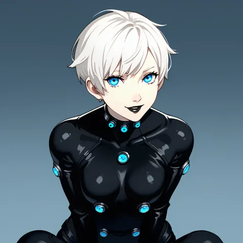 1 girl, blue eyes, very Short hair, black lipstick, white hair, female , tomboy Pixie haircut, gantz latex suit, Pixie haircut, shaven head, white hair, white hair,full body,POV,smiling,sexy