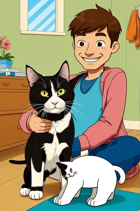 Cartoon of a happy pet owner and his cat