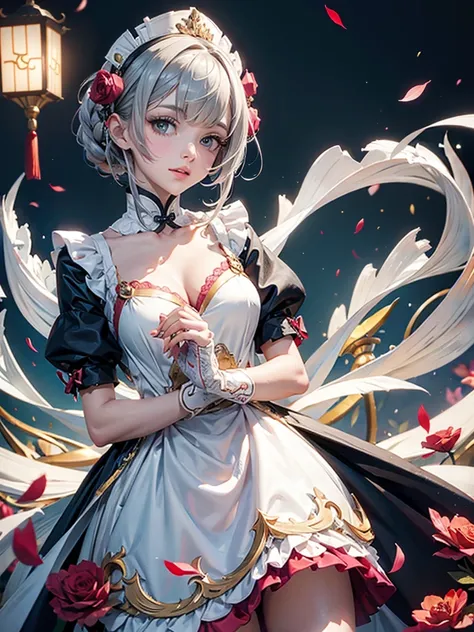 white gloves, grey hair, white gloves, white coat, jewelry, maid dress, maid apron, maid headdress, sexy girl, genshin impact, 1...