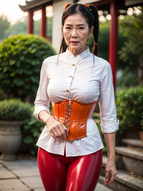 ((best quality)), ((Masterpiece)), (4k details), photorealistic, full body, (((Asian old woman))), ((Age 70)), Red tight rubber leggings, white cotton shirt , orange leather corset, Big muscles, Twintail Hairstyles, photographer, Nude,