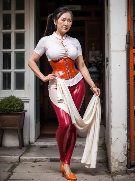 ((best quality)), ((Masterpiece)), (4k details), photorealistic, full body, (((Asian old woman))), ((Age 70)), Red tight rubber leggings, white cotton shirt , orange leather corset, Big muscles, Twintail Hairstyles, photographer, Nude,