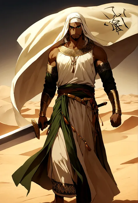  A dark-skinned fighter with strong green eyes, a slight beard, and hair on the side. He is of average length. He has a white face with a medium-sized, slightly wide nose. He carries a flag with Al-Khal written on it, a magnificent sword at his waist, and ...