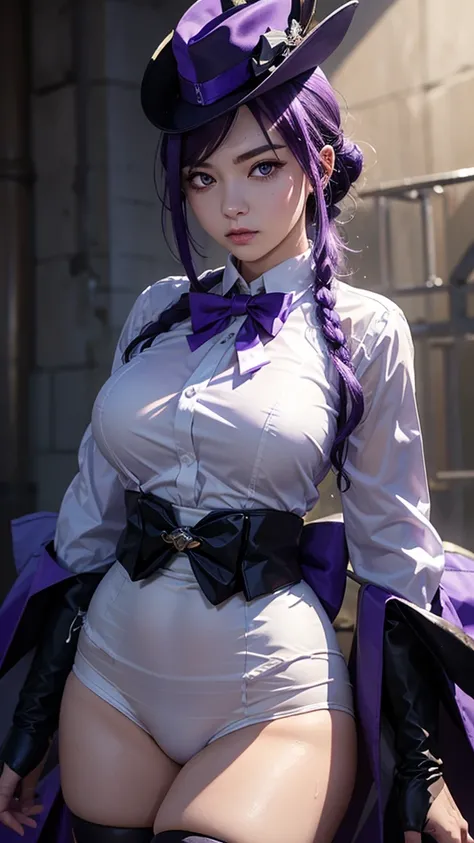 1 girl, chlorinde, genshin impact, dark purple hair, pruple eyes, white shirt, purple hat with black stripes, purple bow tie, big breasts, wet cloths, purple hafl sleeves, one button unbuttoned