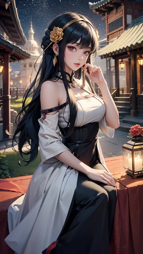 roses, ornament hair, black hair, long hair, sky, rainbow colors in the aurora boreal, night, chinese style, hair ornament, hair flower, golden roses, long hair, solo, roses on focus, seat, lanterns, lanterns rite, shrine, temple, sanctuary