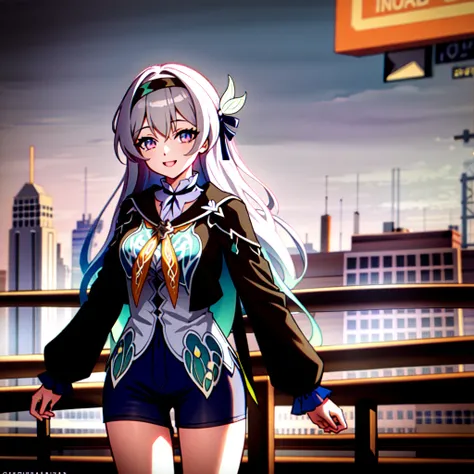 Masterpiece, best quality, cowboy shoot, cyberpunk, outdoor, smile, look at viewer, ((long hair:1.3)), road
((Impossible clothes:1.4)), firefly (Honkai: Star Rail), multicolored eyes, white [gray or sliver] hair, black hairband, purple eyes, set, long slee...