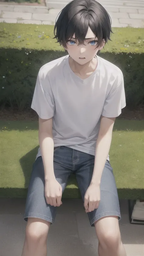 masterpiece, best quality, high quality, 1boy, solo, 17-year-old boy,evil boy,male focus, looking at viewer , black hair, old-school swoop haircut,white shirt with short sleeves,blue jean shorts,blue eyes, sitting on a bench 