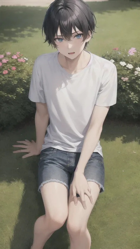 masterpiece, best quality, high quality, 1boy, solo, 17-year-old boy,evil boy,male focus, looking at viewer , black hair, old-school swoop haircut,white shirt with short sleeves,blue jean shorts,blue eyes, sitting on a bench 