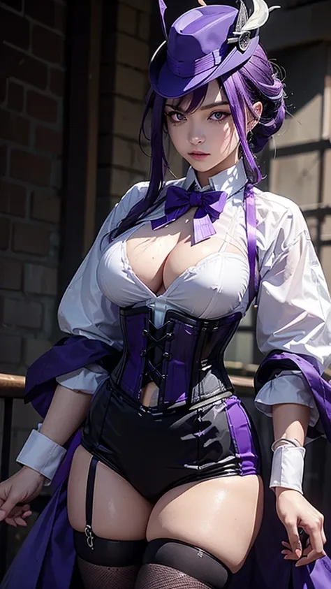 1 girl, chlorinde, genshin impact, dark purple hair, pruple eyes, white shirt, purple hat with black stripes, purple bow tie, big breasts, wet cloths, purple hafl sleeves, one button unbuttoned, black waist corset