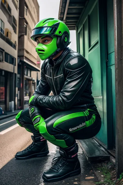 arafed man sitting on the side of a road with a helmet on, kawasaki, crouching, inspired by Cam Sykes, inspired by Brian Dunlop, cr3, portrait!!!, sittin, portrait!!!!, green and black, 🚿🗝📝, anato finnstark!!, photography, 🤬 🤮 💕 🎀, photographed, they are c...