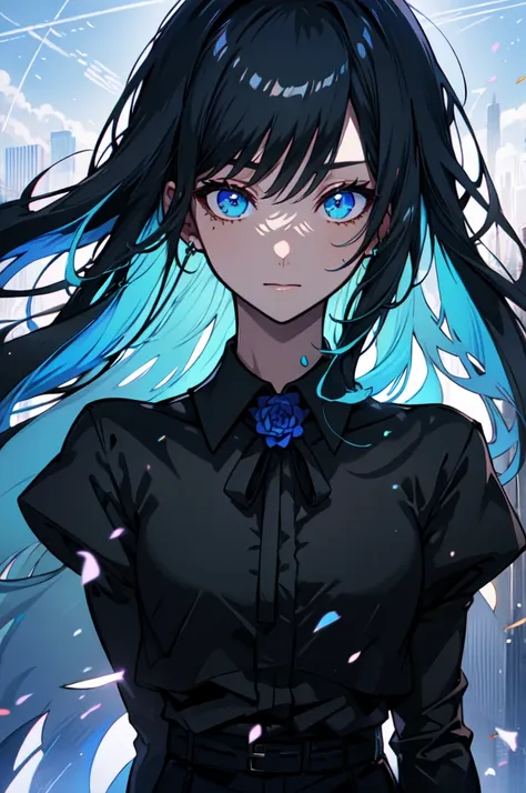 Beautiful hands, Beautiful dresasterpiece, (best quality:1.2), intricate details, ado, 1girl, multicolored hair, long hair, collared shirt, jacket, bangs, long sleeves, blue flower, (mature female:1.2), Ado, (dark blue hair, light blue inner), extra long h...